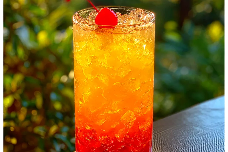 A vibrant bowl of Tropical Amaretto Punch being served with ice and garnished with fresh fruit.