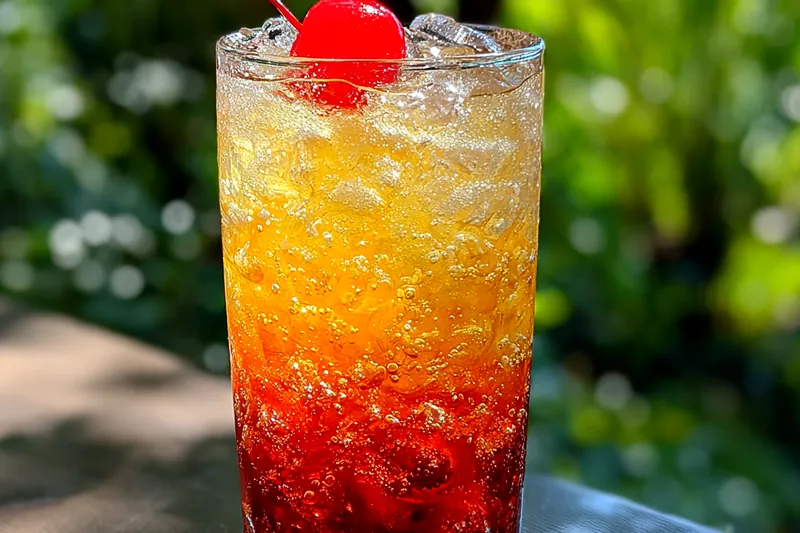 A vibrant display of ingredients for Tropical Amaretto Punch including fresh fruit, Amaretto, and juices.