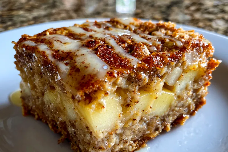The baking process of the Delicious Apple Oatmeal Bake, with a golden top and bubbling edges as it cooks in the oven.