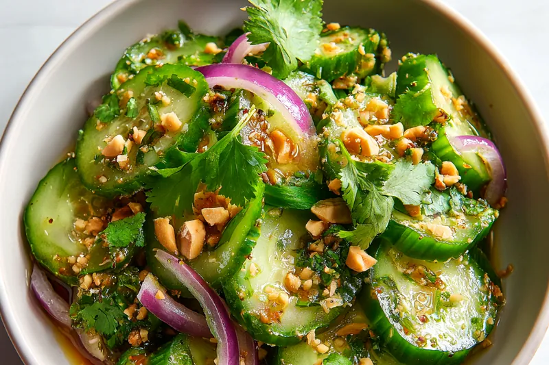 Chef mixing the Refreshing Thai Cucumber Salad in a large glass bowl.