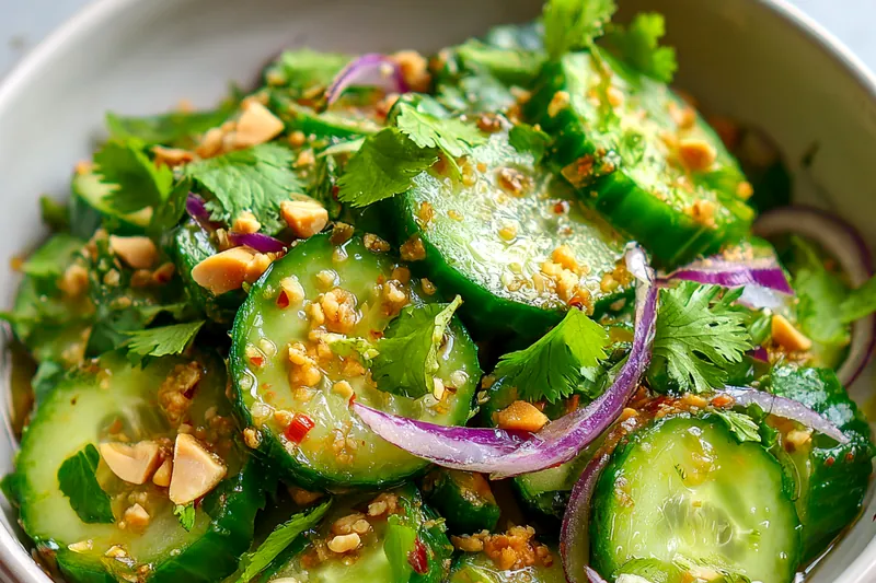A colorful array of fresh ingredients for Thai Cucumber Salad laid out on a wooden cutting board.
