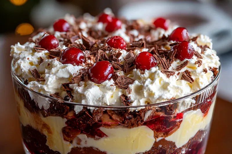 A vibrant and fresh display of rich chocolate cake, cherries, and cream ingredients for Festive Black Forest Trifle.