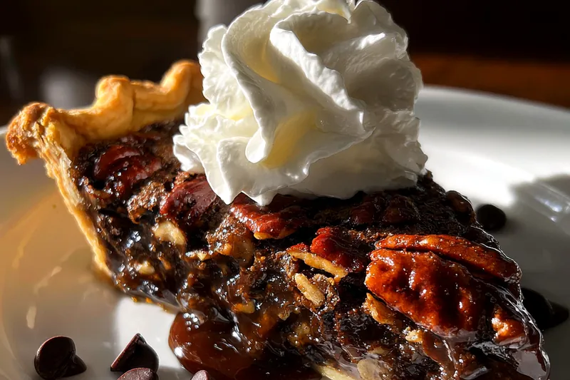 Ingredients laid out for Decadent Bourbon Chocolate Pecan Pie, including pecans, chocolate chips, and bourbon.