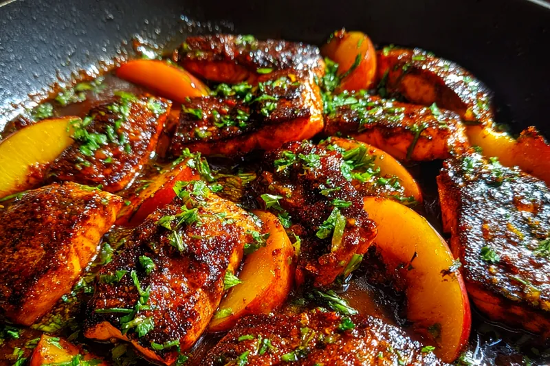 Cooking process for Bourbon Glazed Peach Salmon