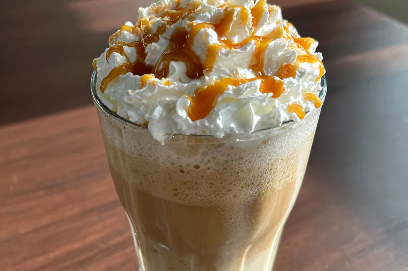 A step-by-step process showing the making of Delicious Caramel Coffee Drink with coffee, milk, and caramel sauce.