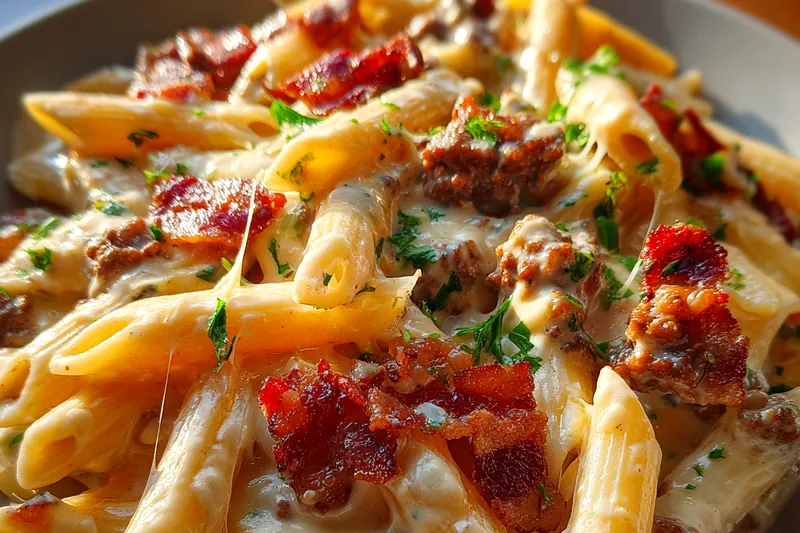 Cooking process for Cheesy Bacon Pasta Delight