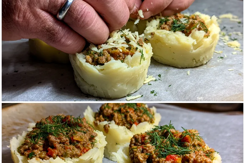 Cooking process for Cheesy Baked Mashed Potato Nests with Ground Beef