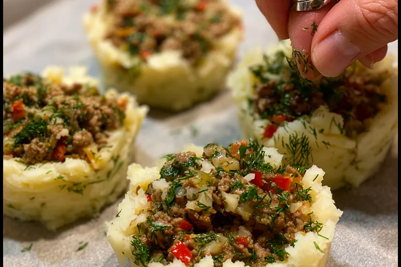 Fresh ingredients for Cheesy Baked Mashed Potato Nests with Ground Beef