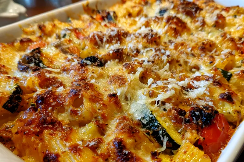 Cooking process for Cheesy Baked Mediterranean Vegetable Pasta