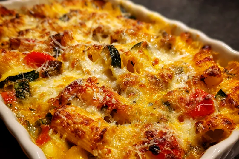 Fresh ingredients for Cheesy Baked Mediterranean Vegetable Pasta