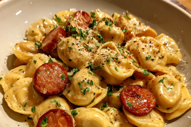 Fresh ingredients for Cheesy Sausage Pasta Delight