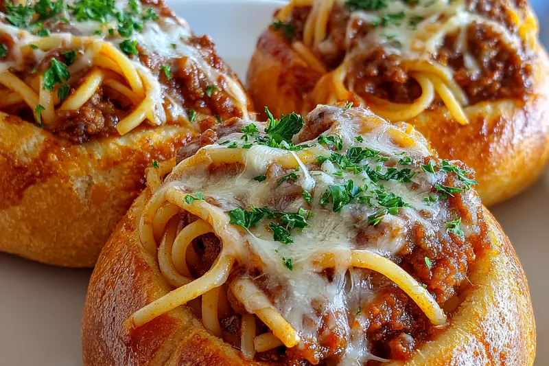 Cooking process for Cheesy Spaghetti Bread Bowls