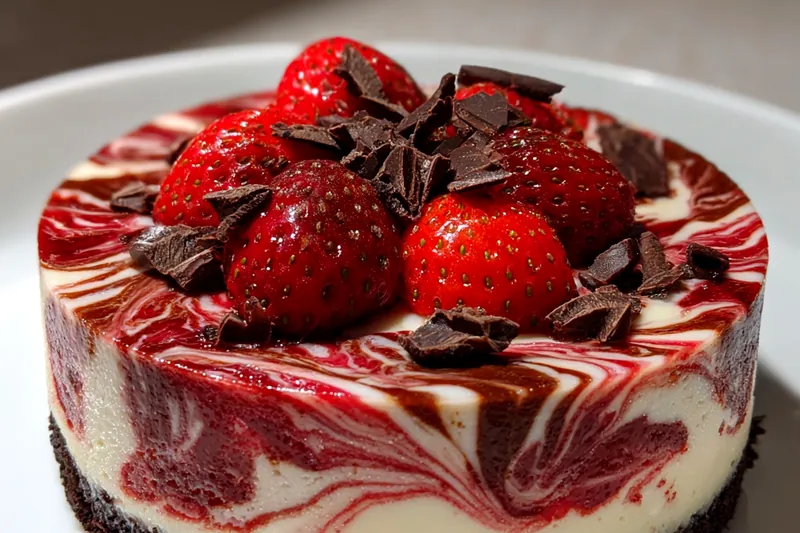 Fresh ingredients for Chocolate Strawberry Swirl Cheesecake
