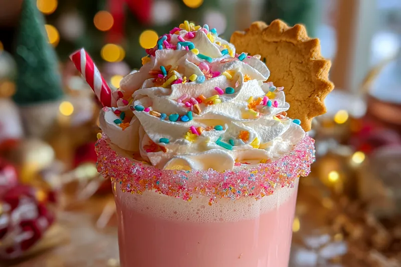 A bartender expertly shaking the ingredients for the Festive Pink Sugar Cocktail in a cocktail shaker.