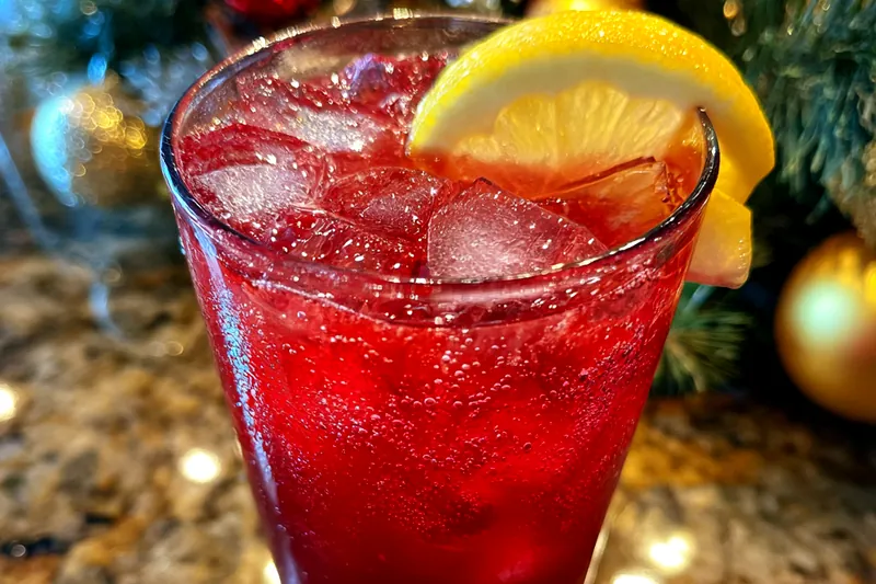 A beautiful punch bowl filled with Festive Holiday Punch, surrounded by fresh fruits and ice.