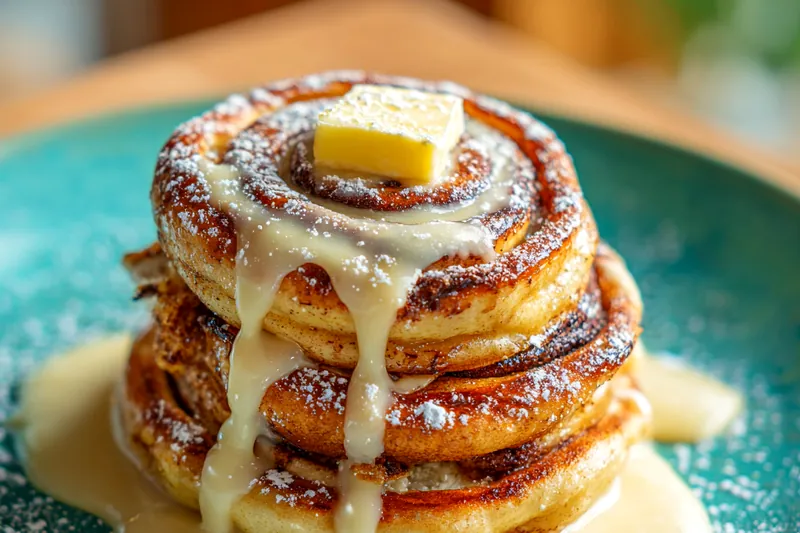 A skillet with golden-brown Decadent Cinnamon Roll Pancakes cooking perfectly.