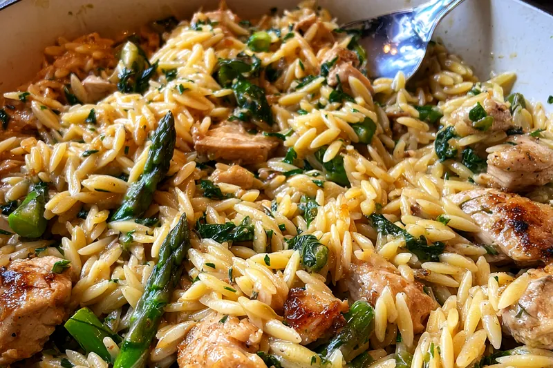 Cooking process for Creamy Chicken Asparagus Orzo
