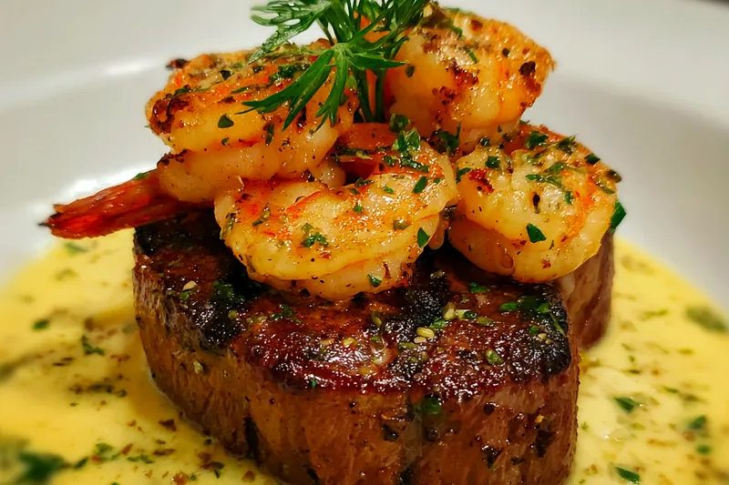 Cooking process for Creamy Garlic Steak and Shrimp