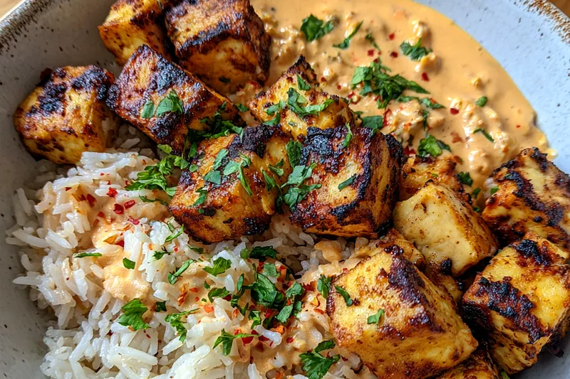 Fresh ingredients for Creamy Grilled Chicken Avocado Rice Bowl including chicken, avocado, rice, and sauce components