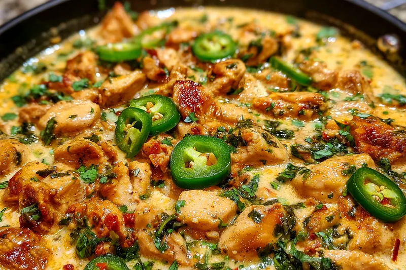A chef expertly sautéing chicken in a skillet, creating a golden brown crust for Spicy Creamy Chicken Delight.