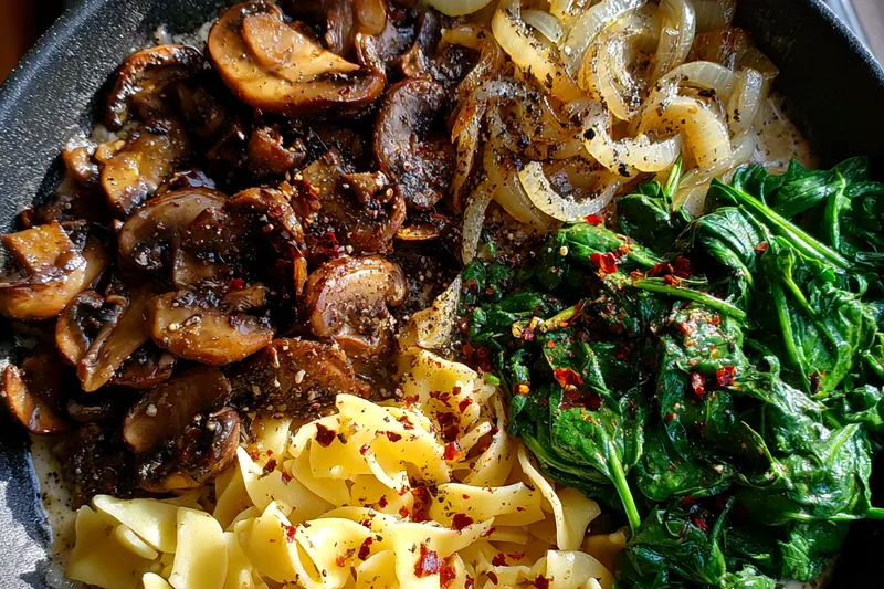 Cooking process for Creamy Mushroom Spinach Pasta