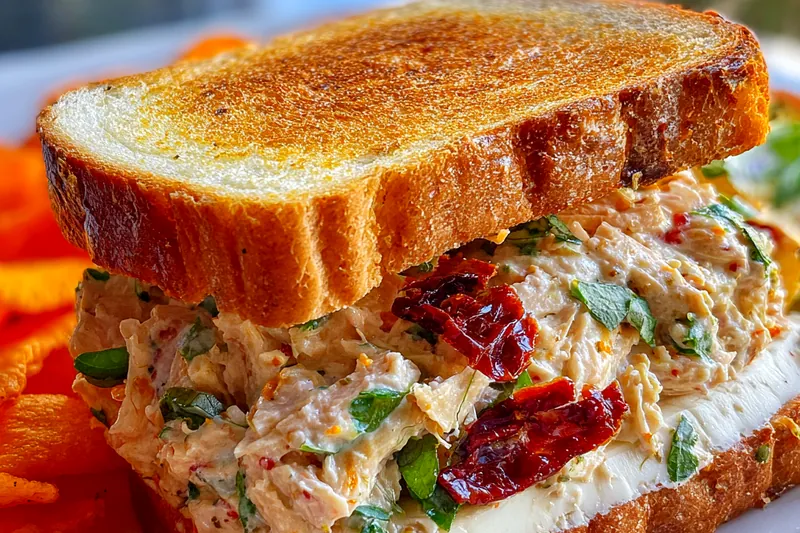 A vibrant display of ingredients for Creamy Sun-Dried Tomato Chicken Sandwich including chicken, tomatoes, and herbs.