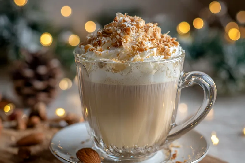 An assortment of ingredients including espresso, almond milk, and vanilla syrup displayed for Creamy Vanilla Almond Latte.