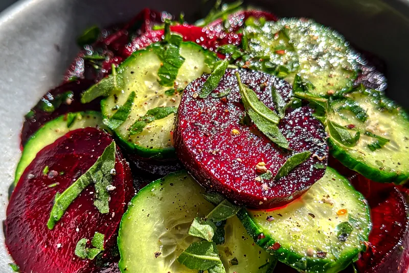 Fresh ingredients for Crisp Cucumber Beetroot Medley