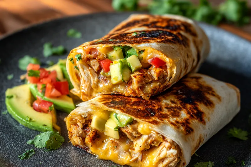 Ingredients for chicken breakfast burritos including shredded chicken, eggs, tortillas, cheese, avocado, bell peppers, and spices on a wooden board