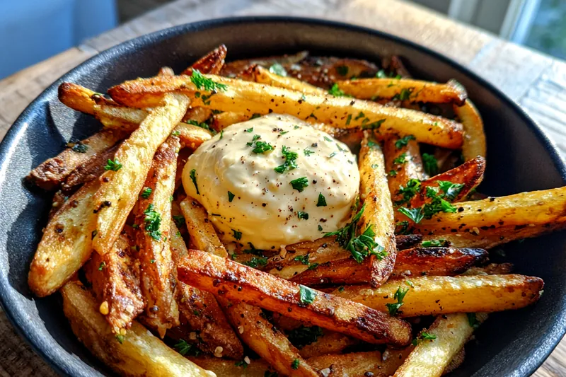 A photo capturing the step of baking crispy fries in the oven, showing their golden brown color.
