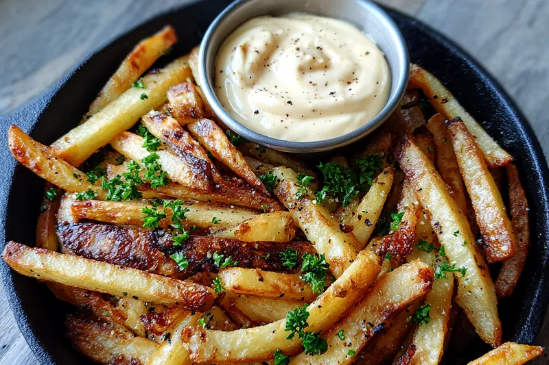 A vibrant setup of fresh ingredients including russet potatoes, garlic, and mayonnaise for Crispy Fries with Garlic Aioli.
