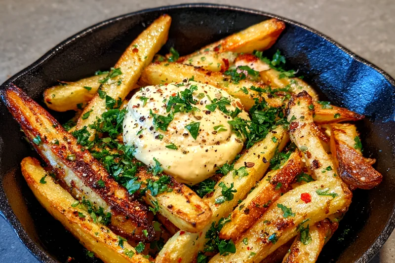 A close-up of crispy garlic fries being served with a side of creamy aioli.