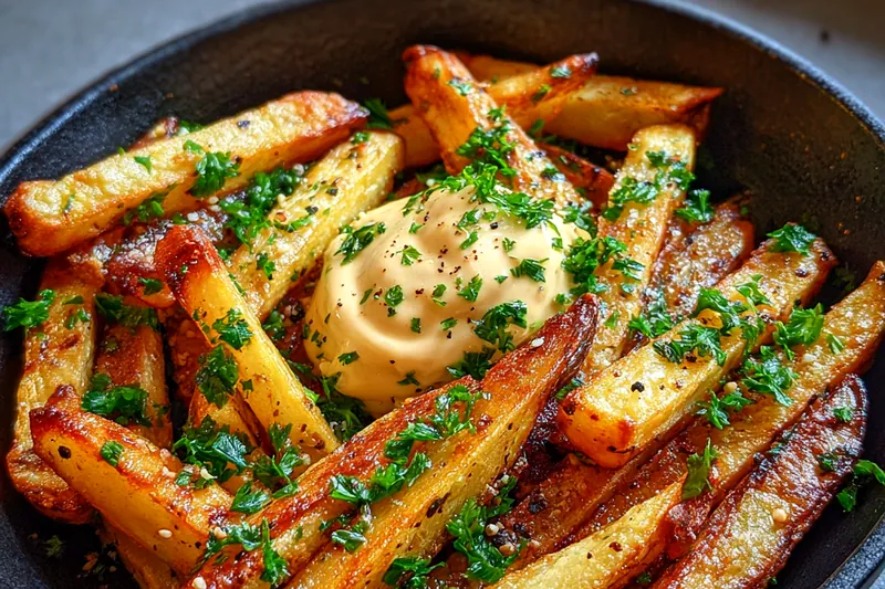 A vibrant layout of fresh Russet potatoes and ingredients for Crispy Garlic Fries with Aioli.