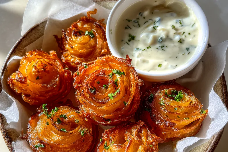 Cooking process for Crispy Onion Blossoms with Herb Dip