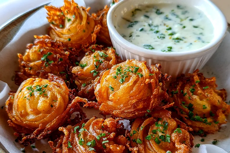 Fresh ingredients for Crispy Onion Blossoms with Herb Dip