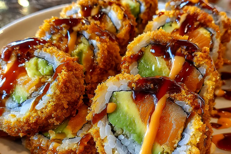 Cooking process for Crispy Salmon Avocado Rolls