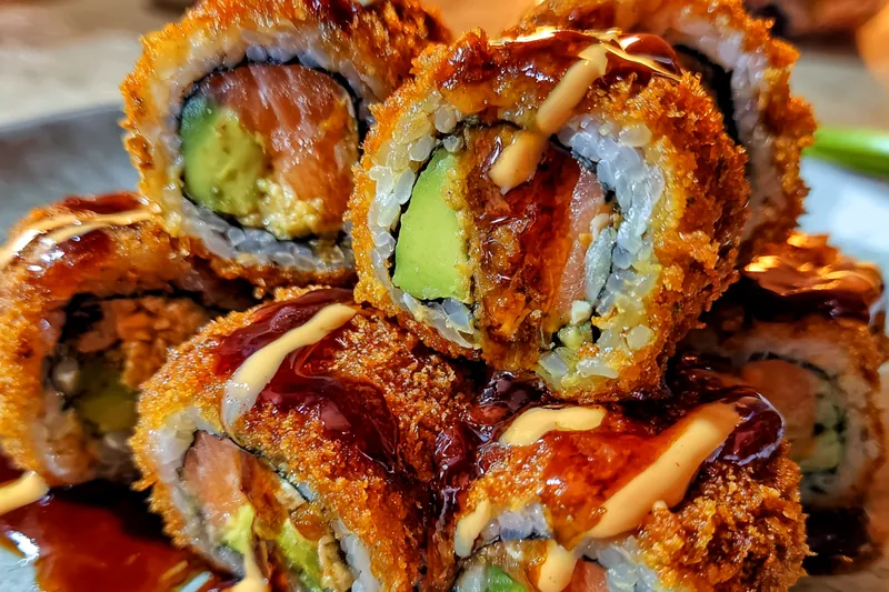 Fresh ingredients for Crispy Salmon Avocado Rolls