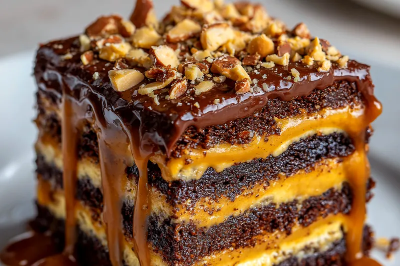 Ingredients laid out for Decadent Chocolate Peanut Butter Cake, including flour, cocoa powder, sugar, and peanut butter.