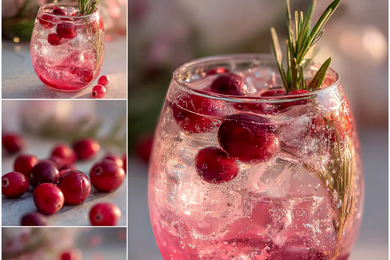 An assortment of ingredients for Cranberry Holiday Spritzer including fresh cranberries, lime, and mint.