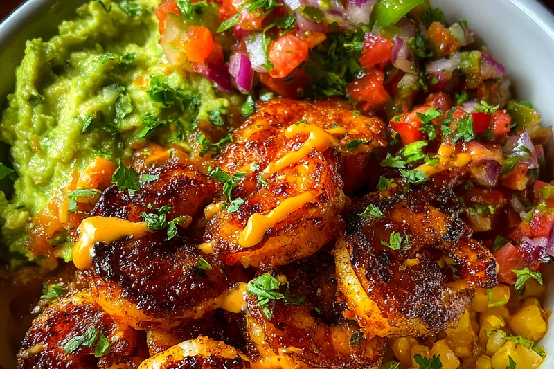 Fresh ingredients for Garlic Shrimp Avocado Bowl