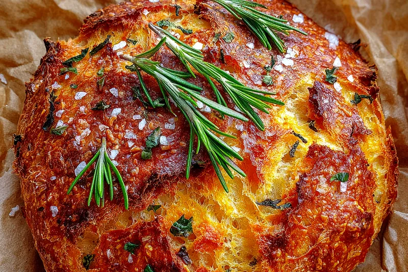 Fresh ingredients for Savory Garlic Herb Artisan Bread Loaf laid out on a kitchen counter