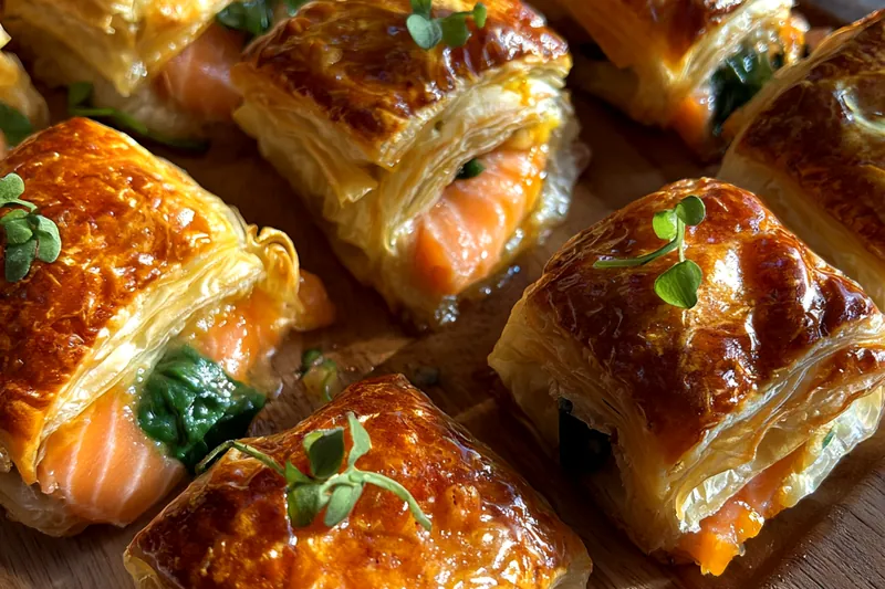 Cooking process for Salmon Spinach Puff Pastry