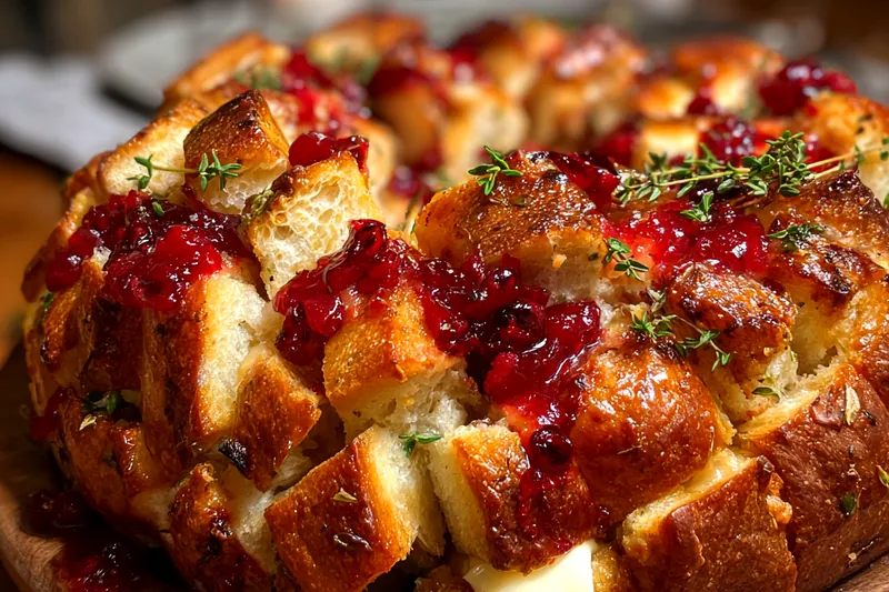 The cooking process of Cranberry Brie Pull-Apart Delight in the oven, showcasing the melting cheese and bubbling cranberry sauce.