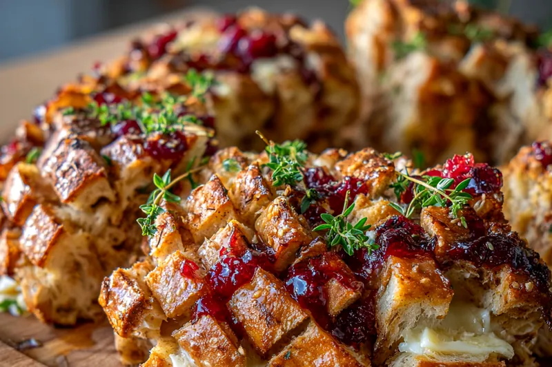 An array of ingredients including pull-apart bread, Brie cheese, cranberry sauce, and herbs beautifully arranged.