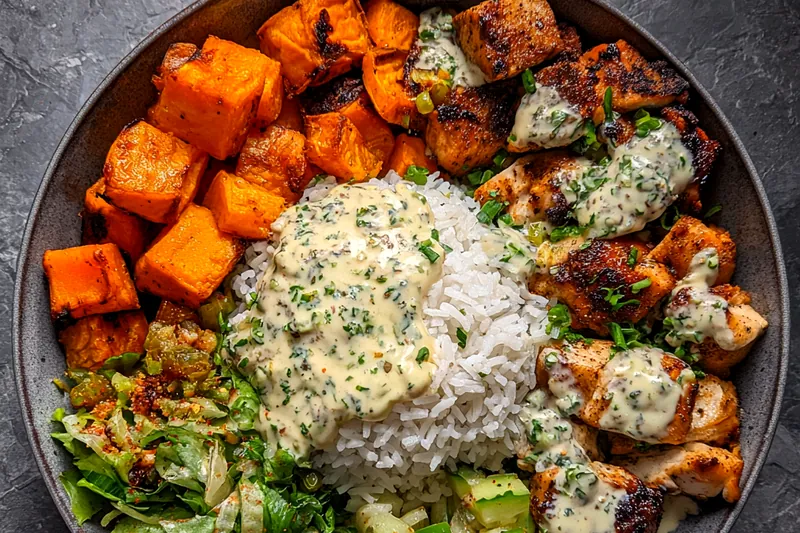 Fresh ingredients for Grilled Chicken Sweet Potato Bowl