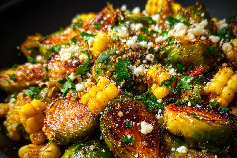 Cooking process for Grilled Corn Brussels Medley