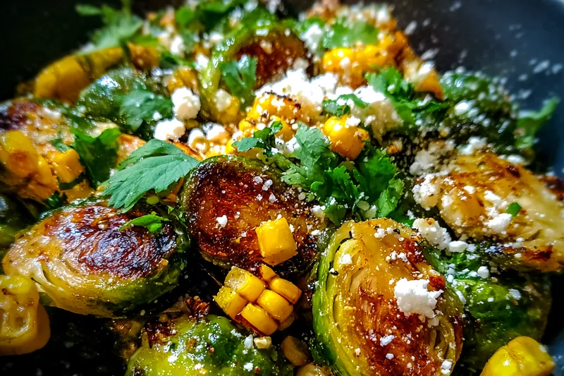 Fresh ingredients for Grilled Corn Brussels Medley