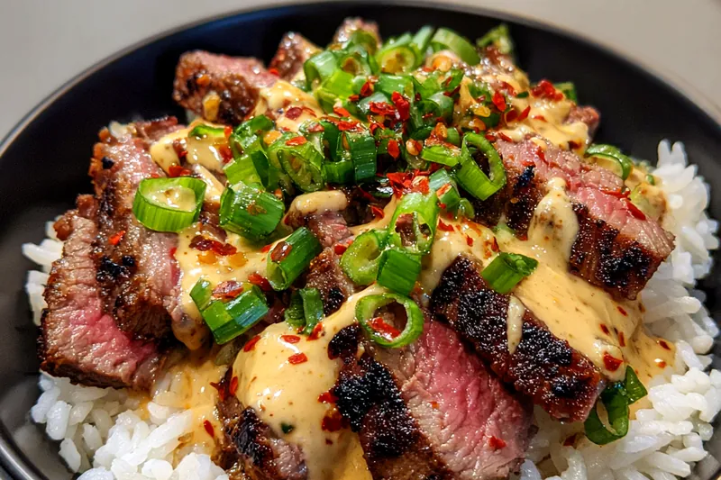 Fresh ingredients for Grilled Steak Rice Bowl
