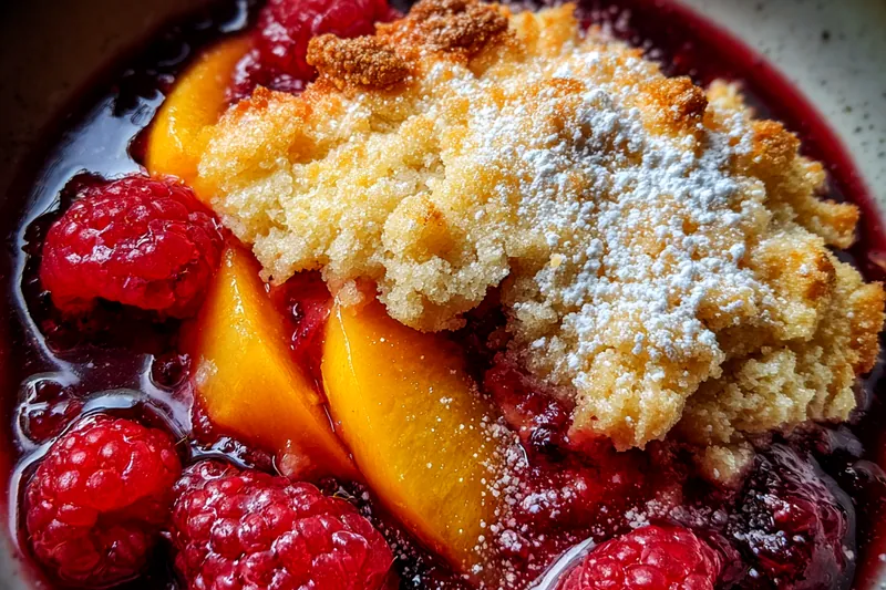 A colorful array of fresh raspberries and peaches ready for the Heavenly Raspberry Peach Delight.