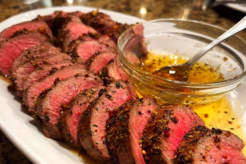 Herb-crusted beef tenderloin being seared in a cast iron skillet before roasting, showing the golden-brown crust formation